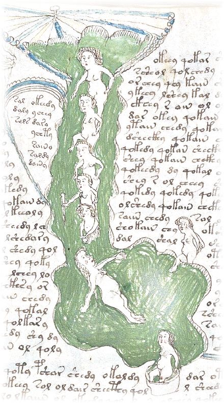 Women bathing in a green pool, from the balneological section of the Voynich manuscript