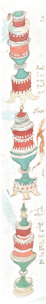 A column of painted jars, from the pharmaceutical section of the Voynich manuscript